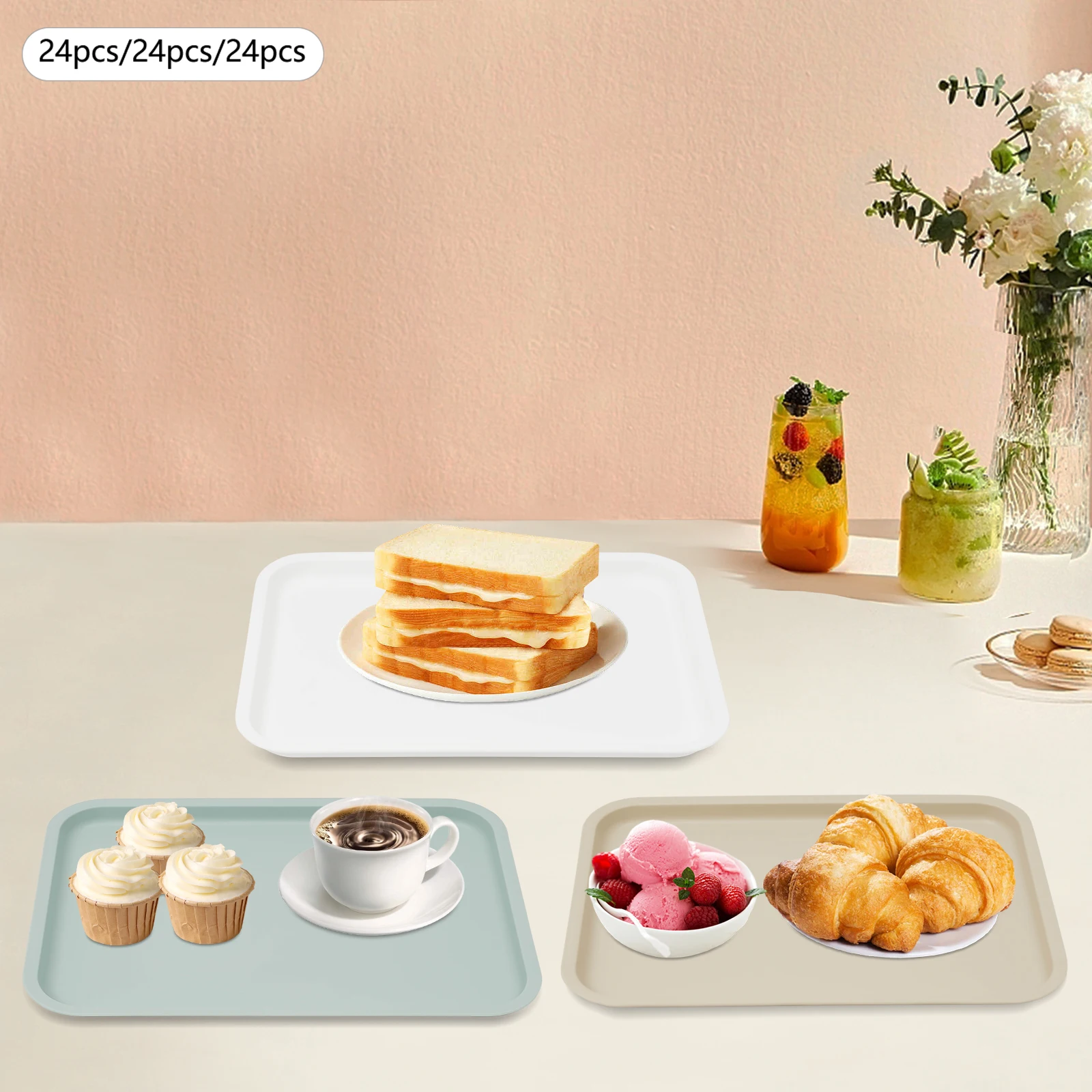 24 قطعة من صواني الطعام السريع، طاولات الكافتيريا، صينية تقديم مستطيلة قابلة للتكديس لمطاعم الوجبات السريعة، ومطابخ المقاهي