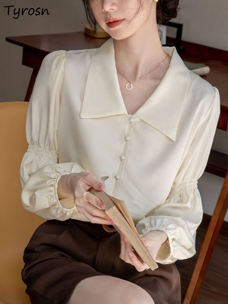 

Lantern Sleeve Shirts Women French Style Office Ladies Turn Down Collar Solid Simple Elegant Chic Tops Female Commuter Sense