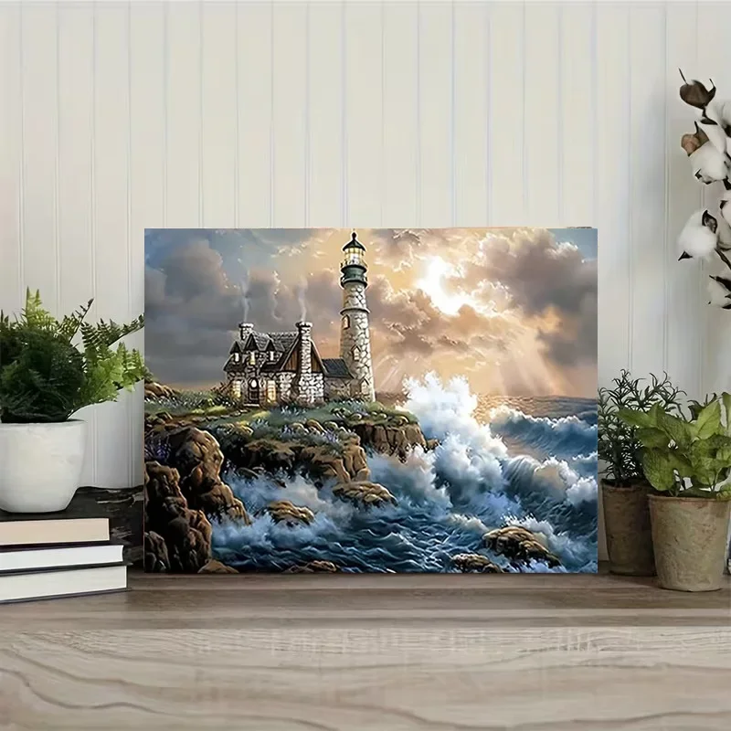 Multiple sizes 1pc frameless Canvas Painting,Sunset Lighthouse Seaside Waves Sunset Landscape Poster and Prints Canvas Painting