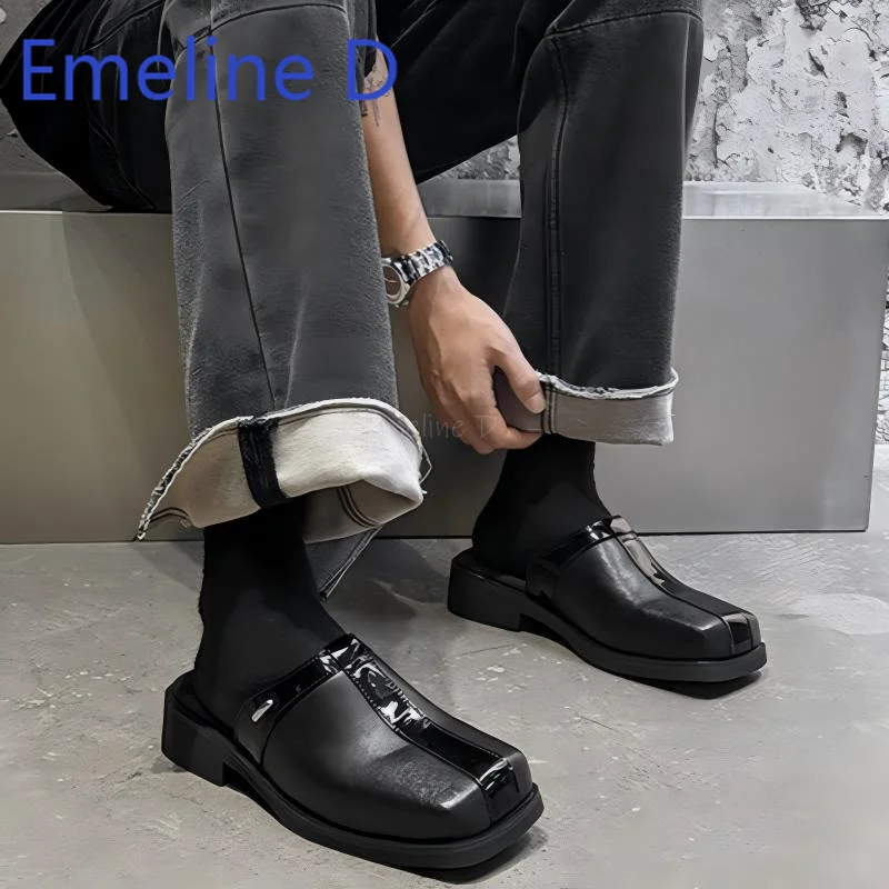 Square Headed Half Slippers Black, Simple One Foot Kick Flat Toe Fashionable Casual Comfortable Breathable Outdoor Cool Slippers