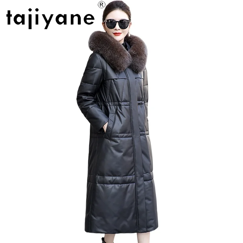 TAJIYANE الأبيض أوزة أسفل معطف امرأة جلد الغنم حقيقية سترات من الجلد الثعلب الفراء طوق مقنعين سترة منفوخة 2025 ملابس حريمي كورت