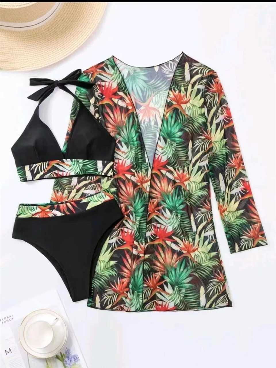 3 Pieces Print High Waist Bikini 2024 Women With Kimono Swimwear Female Halter Swimsuit Beachwear Bathers Bathing Swimming Suit