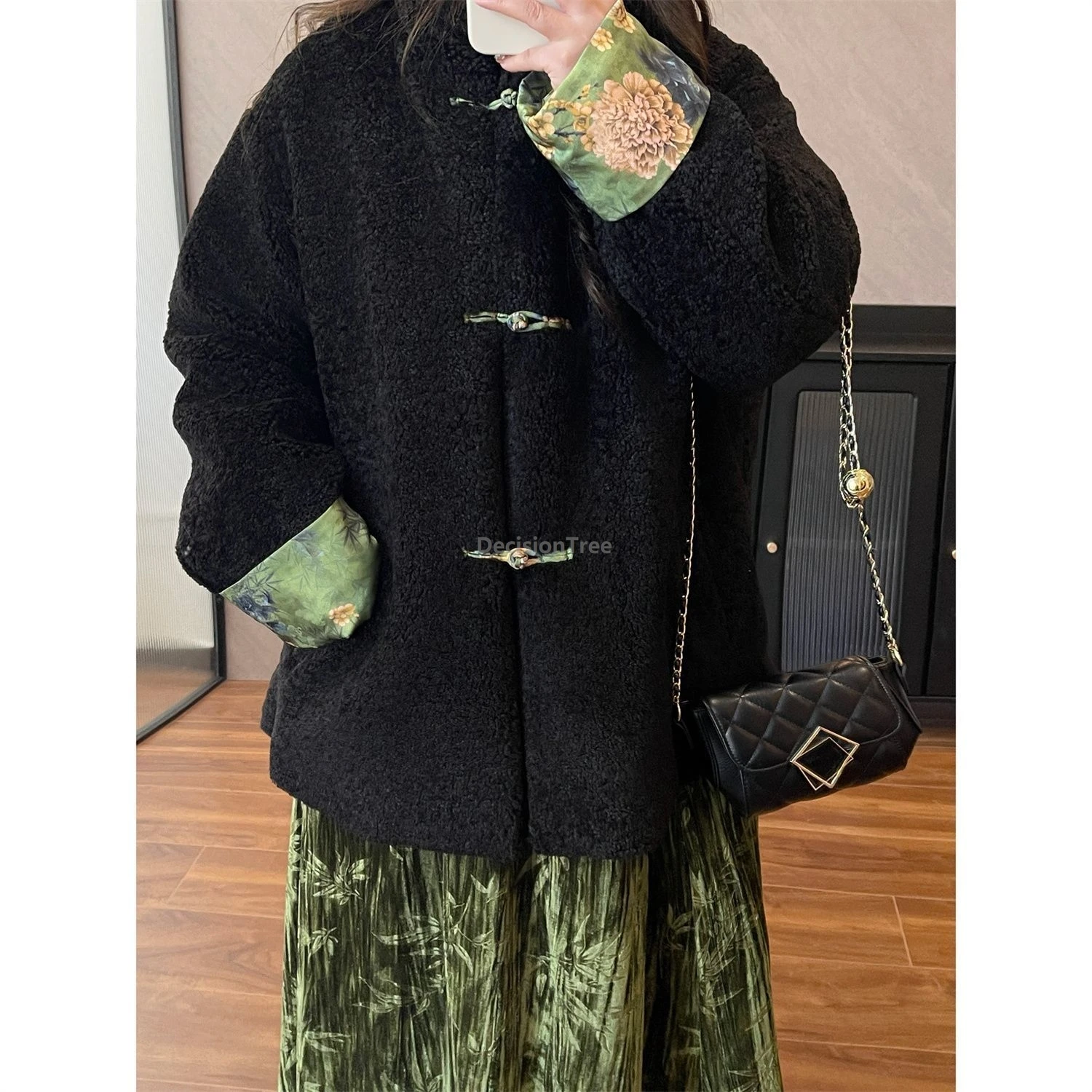 Plus Size new chinese style women's clothing lamb autumn winter new fur integrated  jacket lady black coat tangsuits warm coat