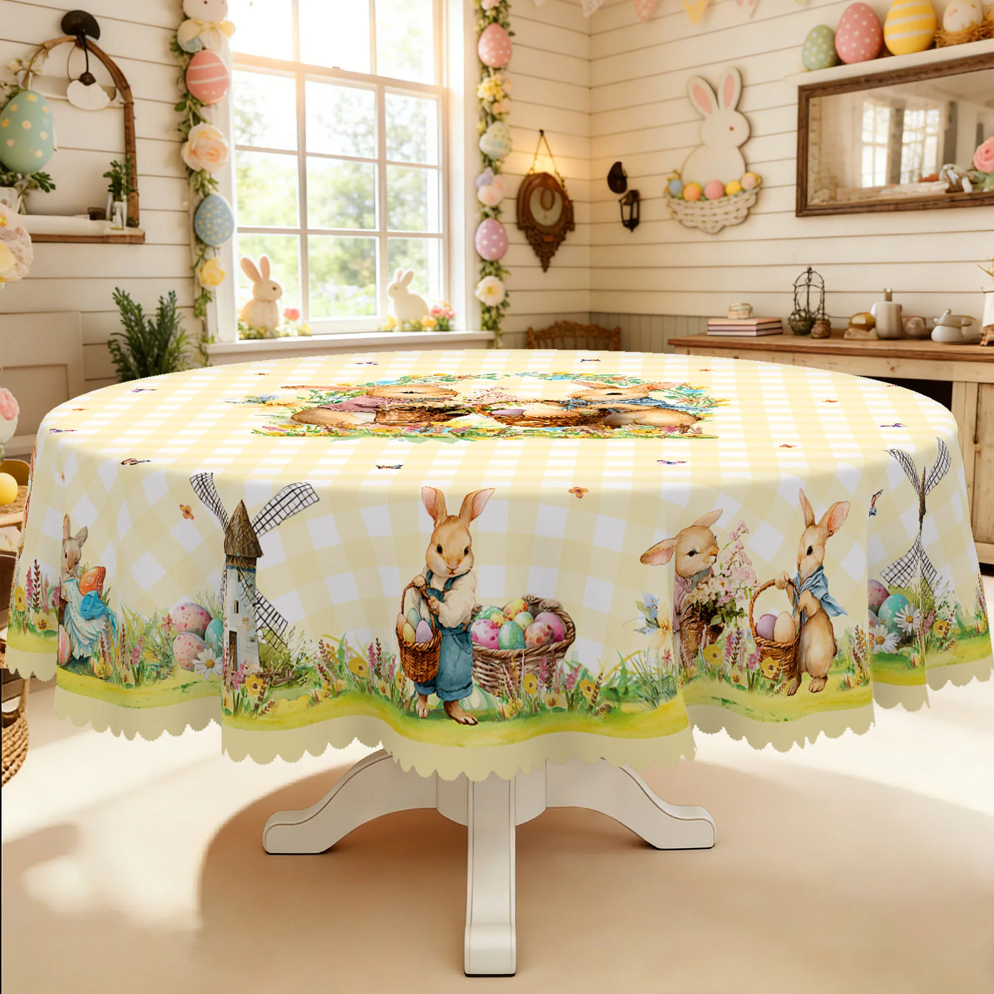 1 Piece of Easter-Themed Round Tablecloth, Available in Various Sizes, Featuring Cute Bunny Paintings Surrounded by Wreaths, and Egg Elements Paired with Fresh Yellow and White Checkered Print Round Tablecloth, with Embossed Edges, Easter Decoration, Spring Garden Tablecloth Decoration, Suitable for Everyday Use in Home Kitchens, Patios, Balconies, Spring Party Decoration Gifts