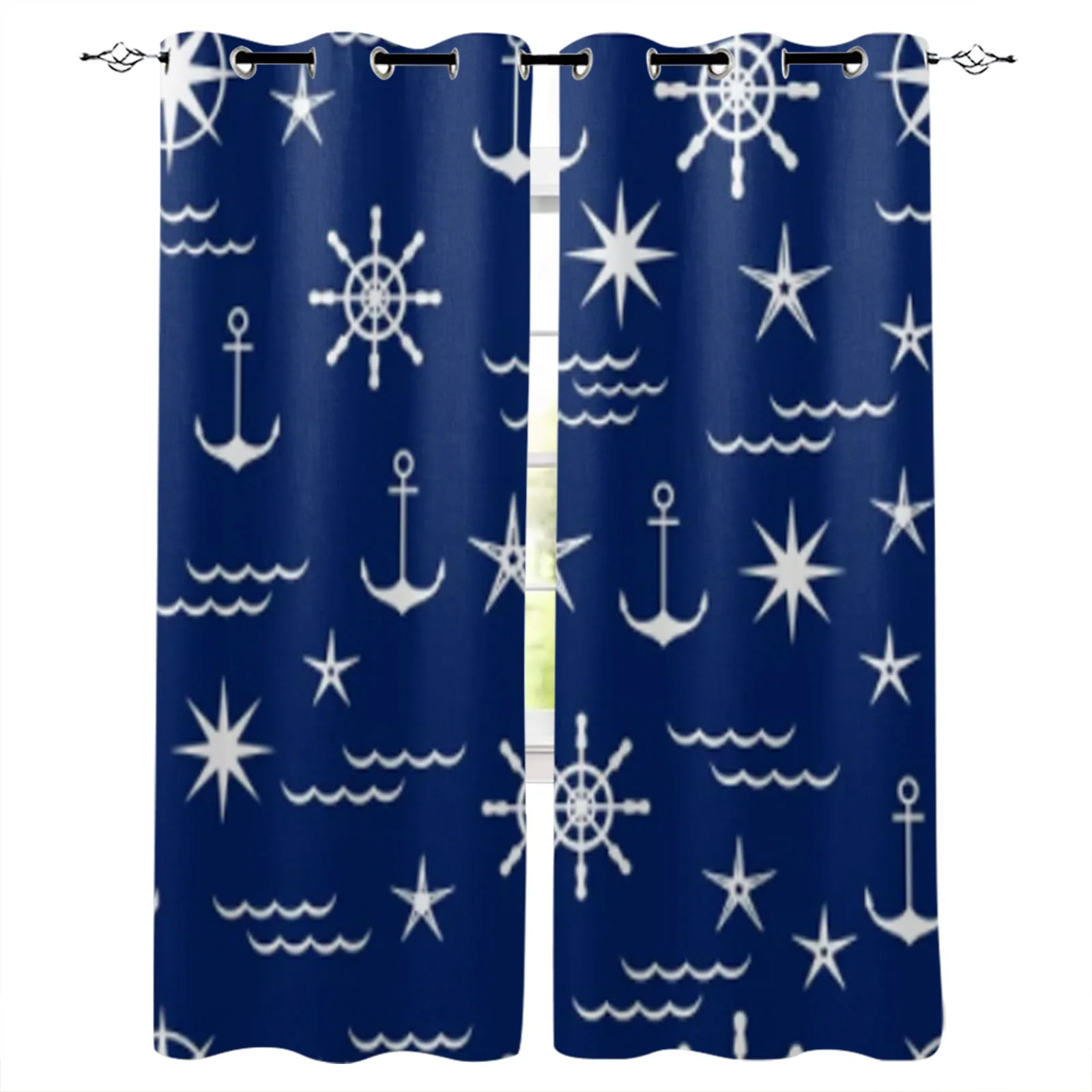 

Navy Blue Anchor Stars Wave Printed Curtains for Living Room Home Bedroom Decor Window Treatments Festival Party Balcony Drapes