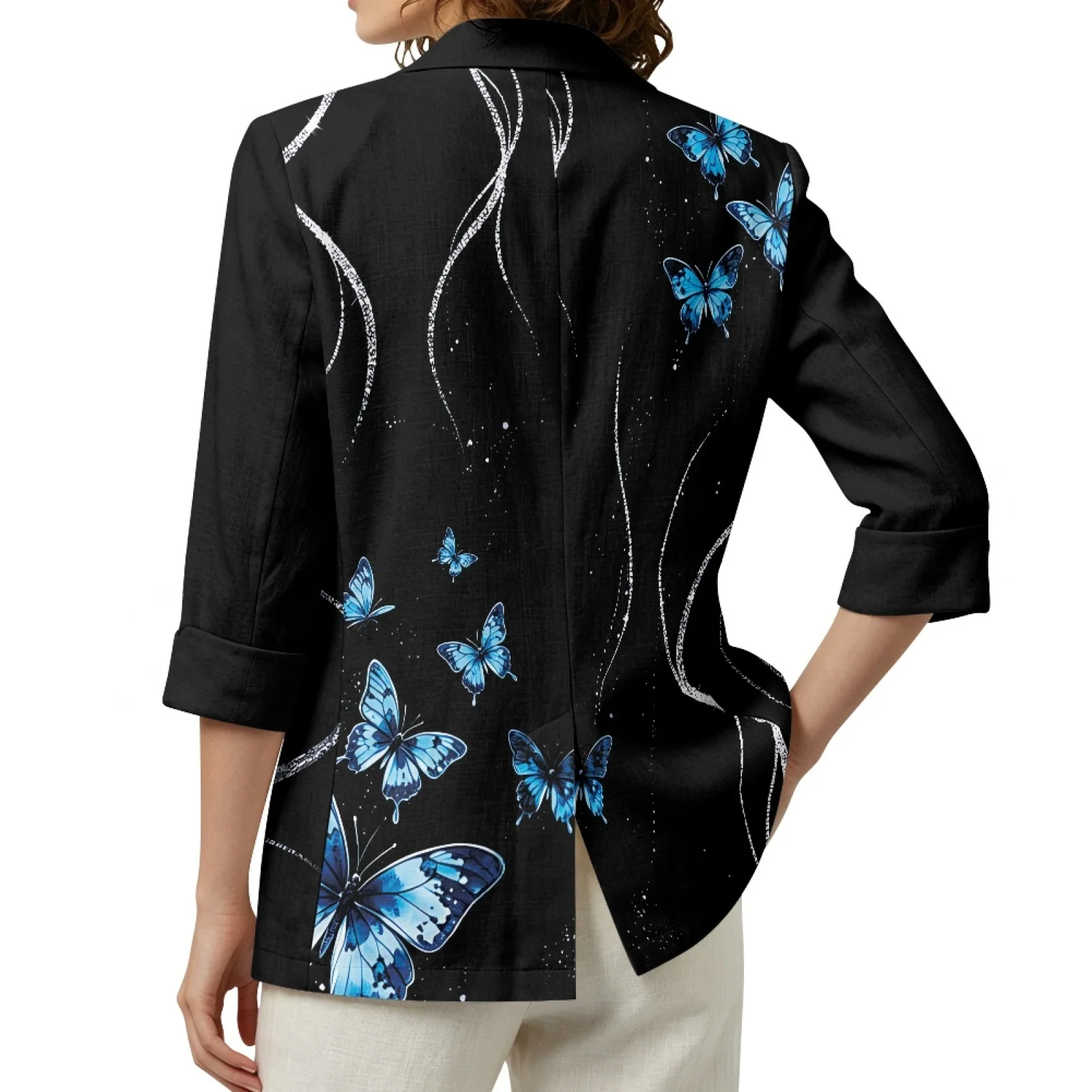 PENSTROLL Loose Linen Style Layering Tank Jacket Casual Cardigan Coat for Daily Wear Blue Butterfly Swirl