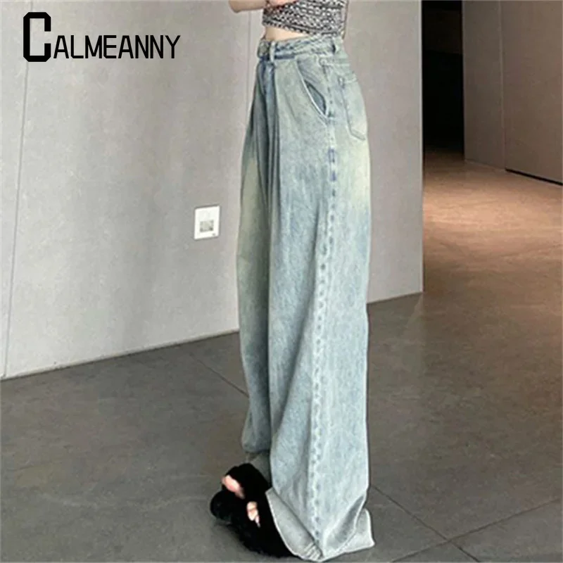 レディースワイドレッグジーンズ 2025 春夏 韓国版 ファッション ヴィンテージ ストリートウェア シンプル オールマッチ レジャー ハイウエスト トラウザーズ