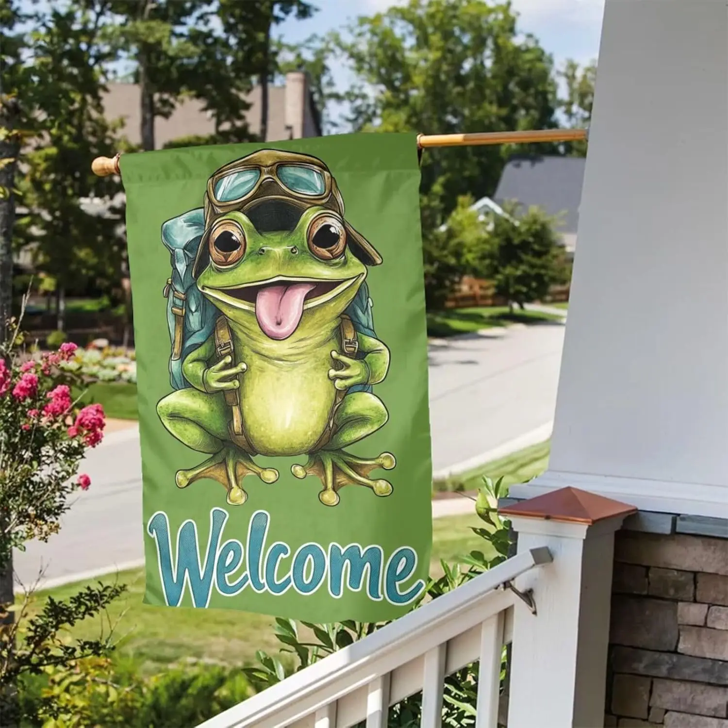 Cute Frog Carrying Backpack Garden Flag 12x18 Vertical Double Sided Farmhouse Holiday Outside Decorations Yard Flag LLO LLX uui