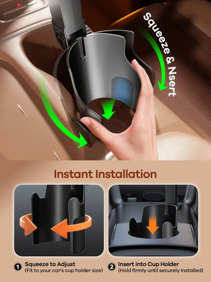 

Squeeze-Install Car Cup Holder For 4.7–9.4″ Phones/Tablets, Adjustable Height & Angle, 360° Rotate, Non-Slip, Fits 3.3–3.75″