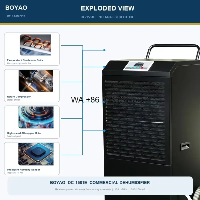 Wmwmnu Automatic 158L Day Commercial Dehumidifier with Touchscreen Control for Grow Rooms 1200-1500 Sq ft Coverage
