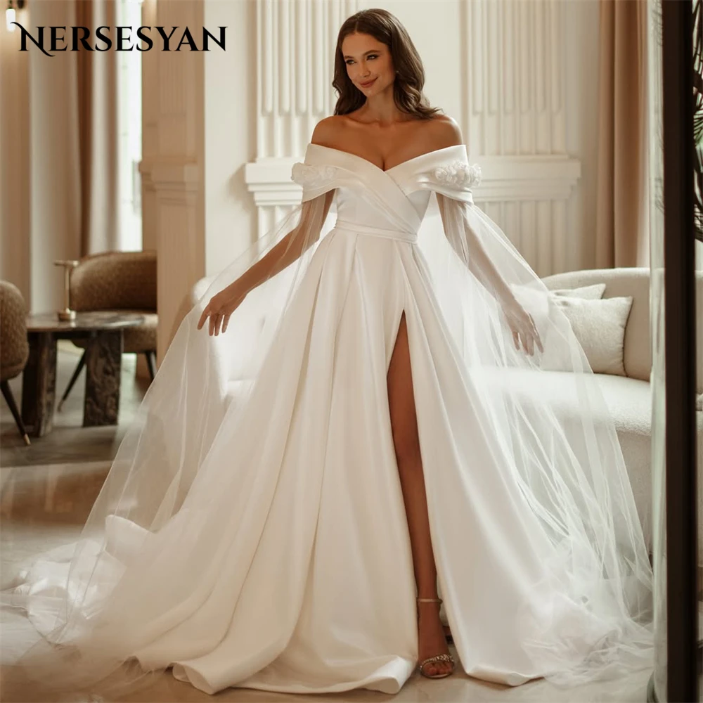 

Nersesyan Elegant Satin Wedding Dresses Off Shoulder Angle Sleeves Side Slit Bridal Gowns Backless Flowers Bride Dres Customized