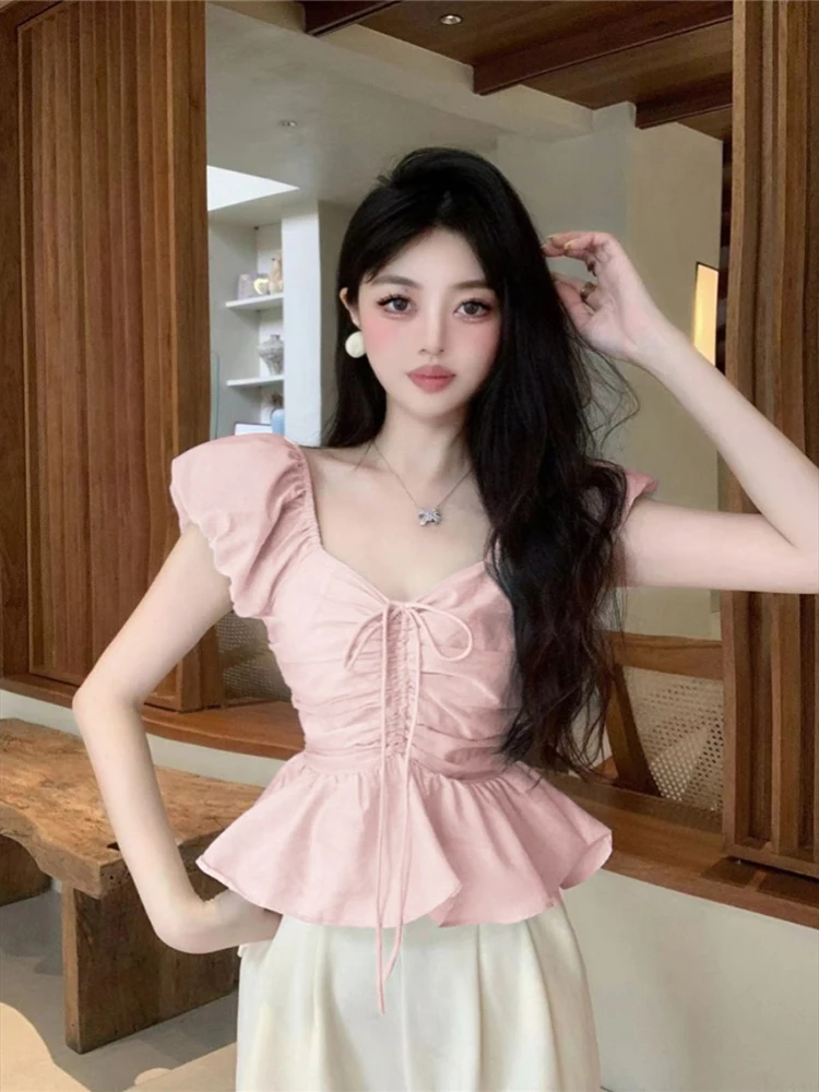 Blouse Women Sweet Ruffles Flying Sleeve Square Collar Lace Up Slim Crop Tops Chic Elegant Female Shirts Casual Fashion