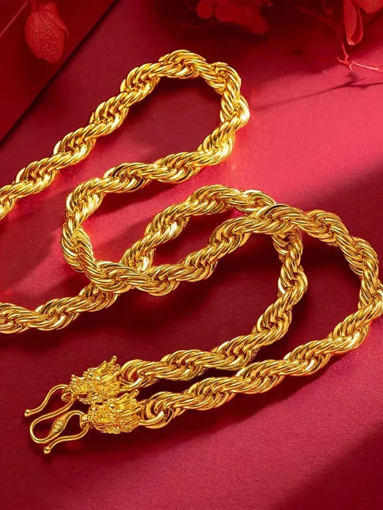 Men's 9999 24K Real Gold Dragon Head Fried Dough Twists Chain Gold Bullish Gold Necklace for Men