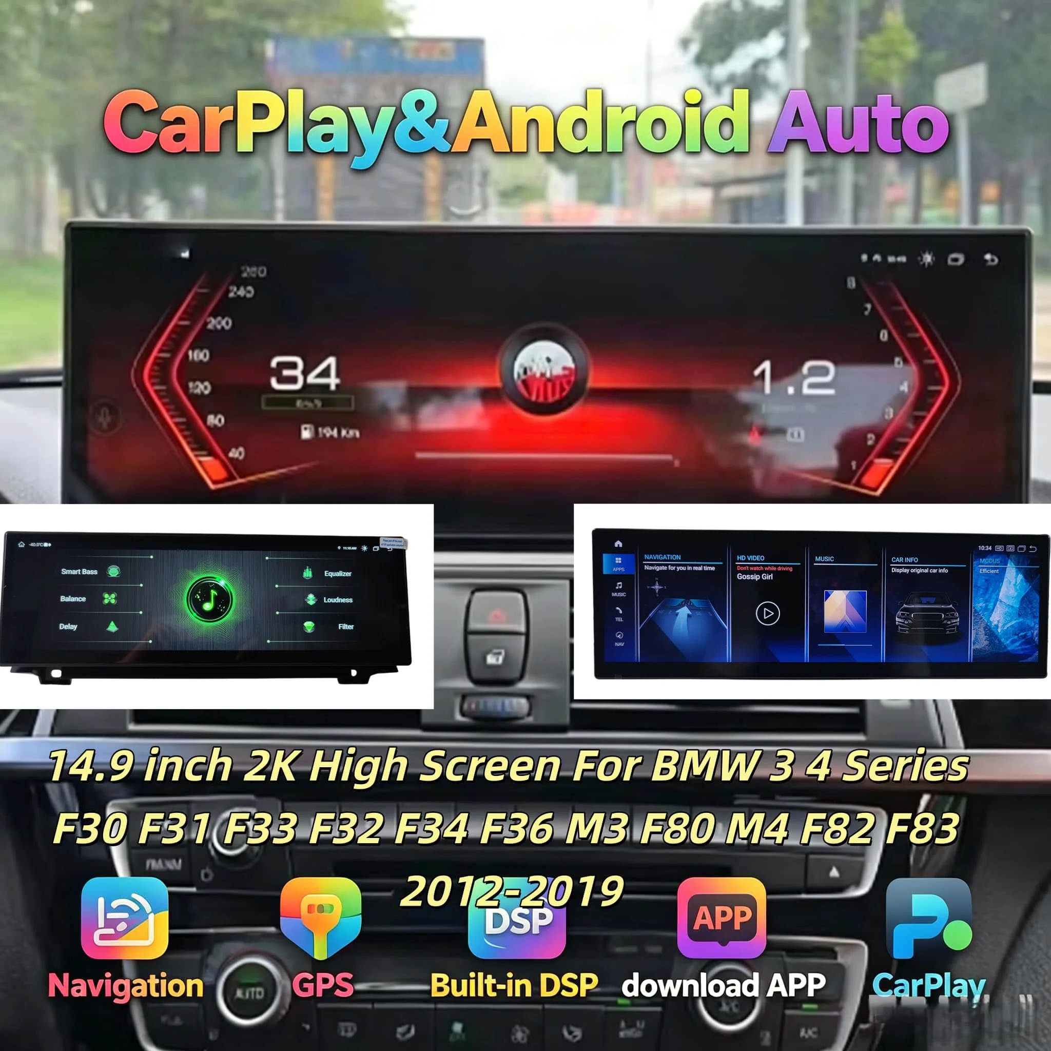

14.9Inch Carplay Stereo For BMW 3 4 Series F30 F31 F33 F32 F34 F36 M3 F80 M4 F82 F83 2012-2019 Android Auto GPS Touch Screen