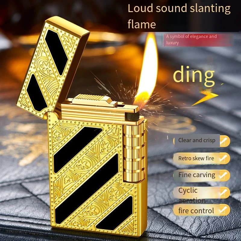 New Retro Steel Loud Sound Grinding Wheel Lighter Open Flame Metal Brass Flip Side Slide High-End Men\'s Gift Smoking Accessories