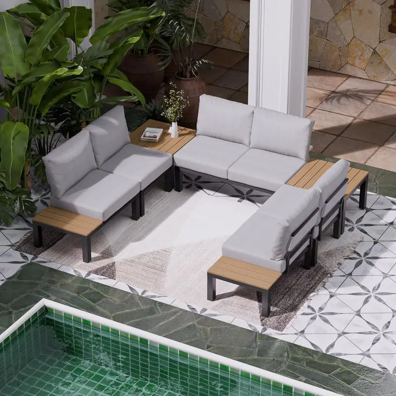 

Алюминиевый комплект уличной мебели для патио, 7-местный модульный диван с регулируемой спинкой, металлический набор для отдыха, на заказ