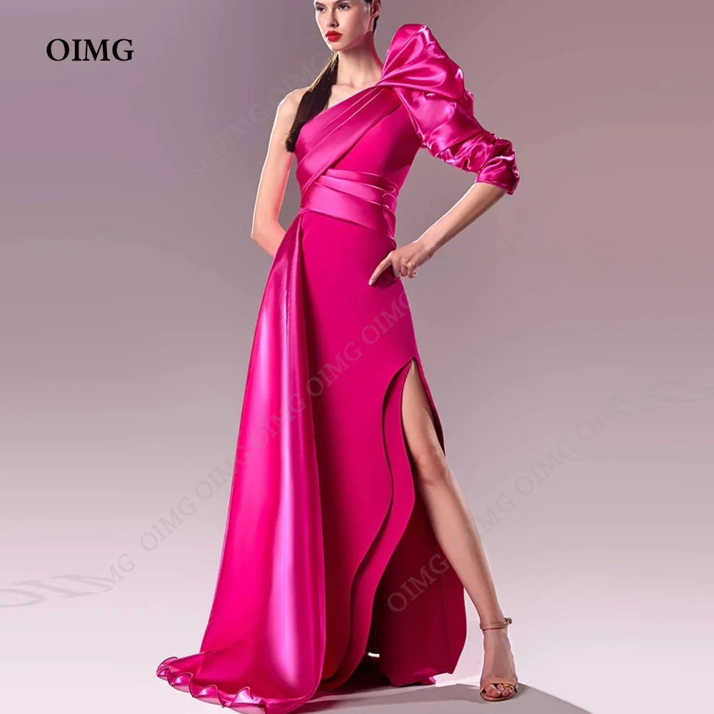 

OIMG Simple Fuschia Mermaid Prom Dresses One Sleeve Side Split Modest One Shoulder Arabic Women Evening Gowns Formal Party Dress