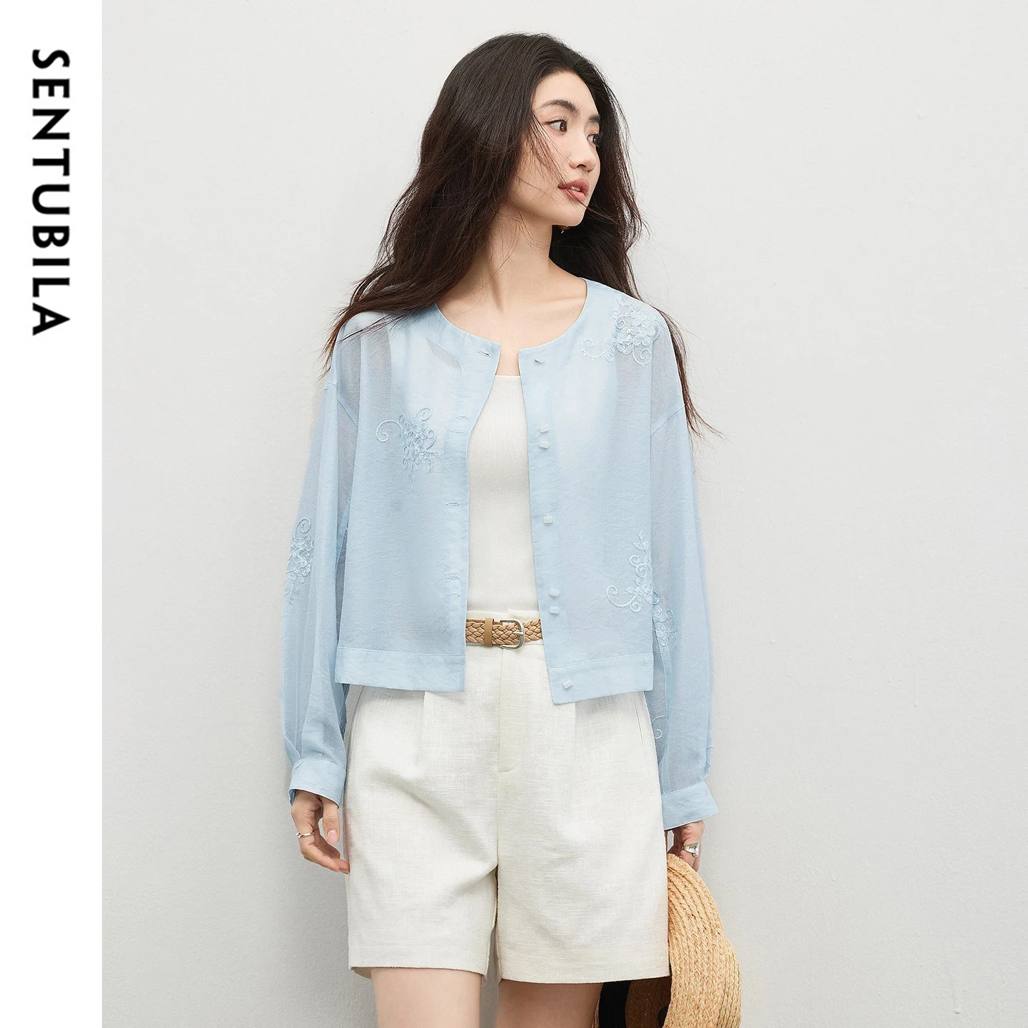 SENTUBILA Blouses for Women Blue Round Neck Sequined Embroidery Beaded Floral Elegant Loose Spring Lightweight Shirt 161CA4748