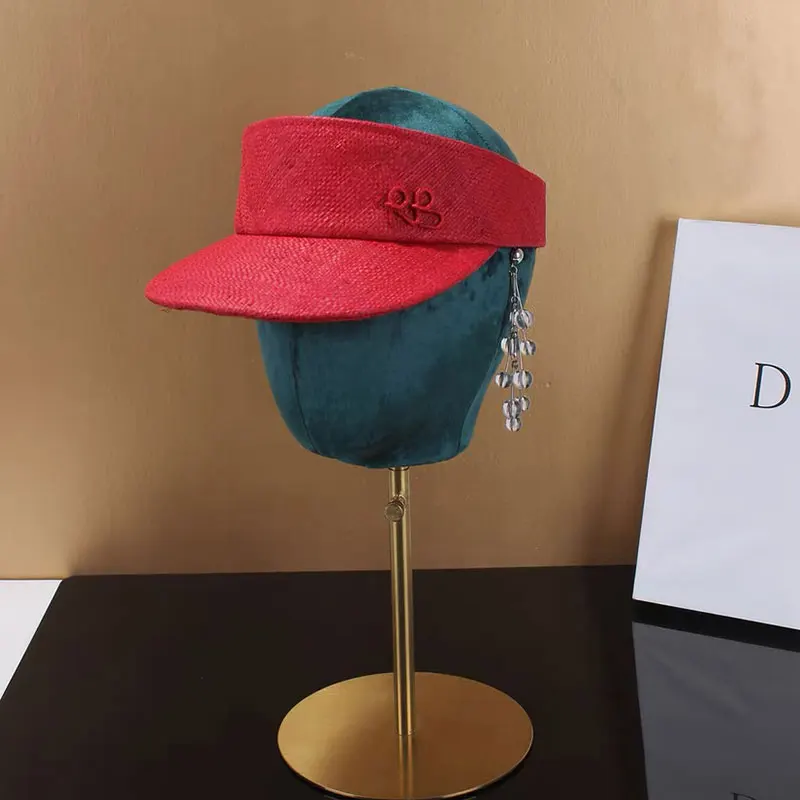 Classic Hard Raffia Grass Letter Decoration Empty Top Handmade Sun Hat Summer Beach Sunshade Hat Designer Black Red Viosr Cap
