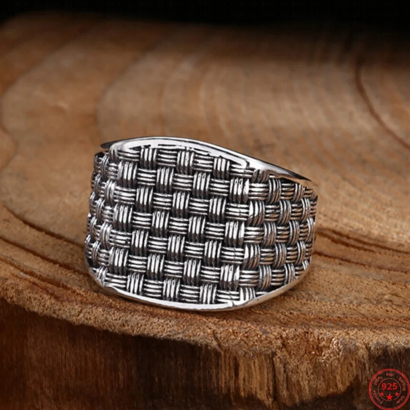 

S925 Sterling Silver Charms Rings for Men Women Retro Weaven Pattern Square New Fashion Punk Jewelry Wholesale ﻿