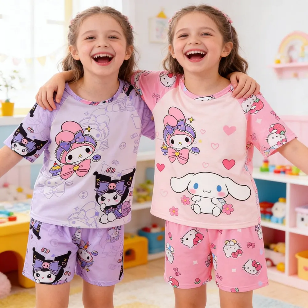 Piżamy dla dziewczynek w wieku od 3 do 12 lat, letnie komplety piżamowe, dziecięce zestawy Hello Kitty, Kuromi, bluzki + krótkie spodenki, odzież do spania, ubrania dla małych dziewczynek.