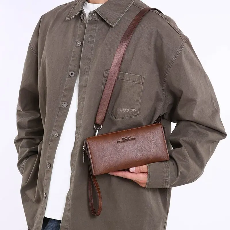 New 2-Way Genuine Leather Men's Clutch Bag Shoulder Handbag Business Casual Large Capacity Purse for Daily Commute Travel