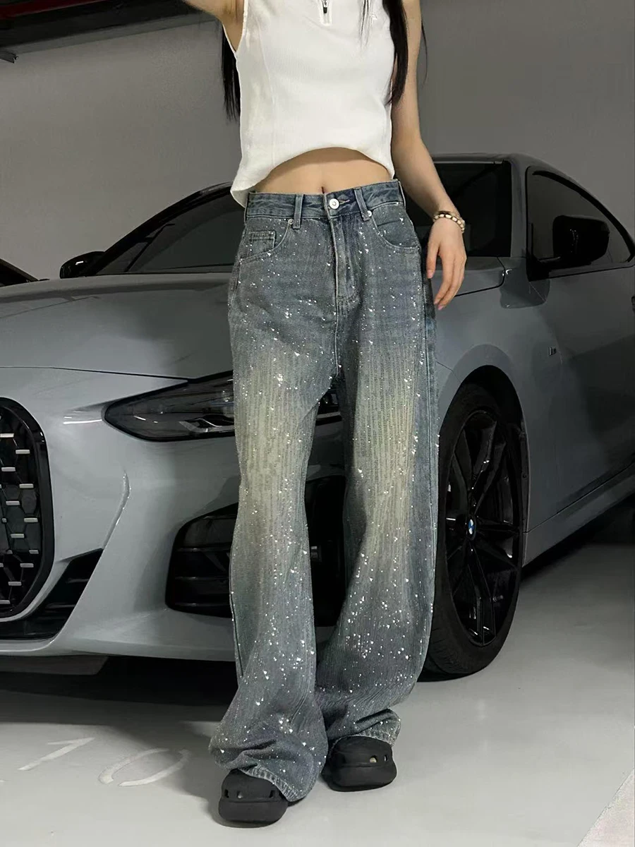 Pbap brilho strass azul baggy jeans feminino cintura alta bigodes fazer velho denim perna larga calças retas y2k vintage streetwear