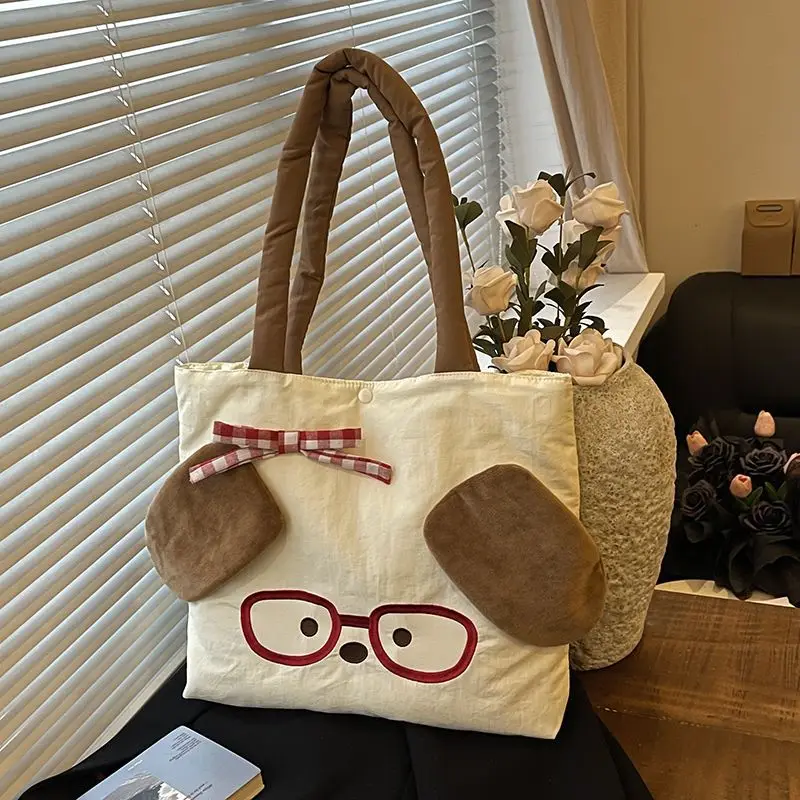 Cute Cartoon Puppy Shoulder Bag Women Color Block Plaid Large Capacity Handbag Ladies Portable Casual Versatile Shopping Bag New