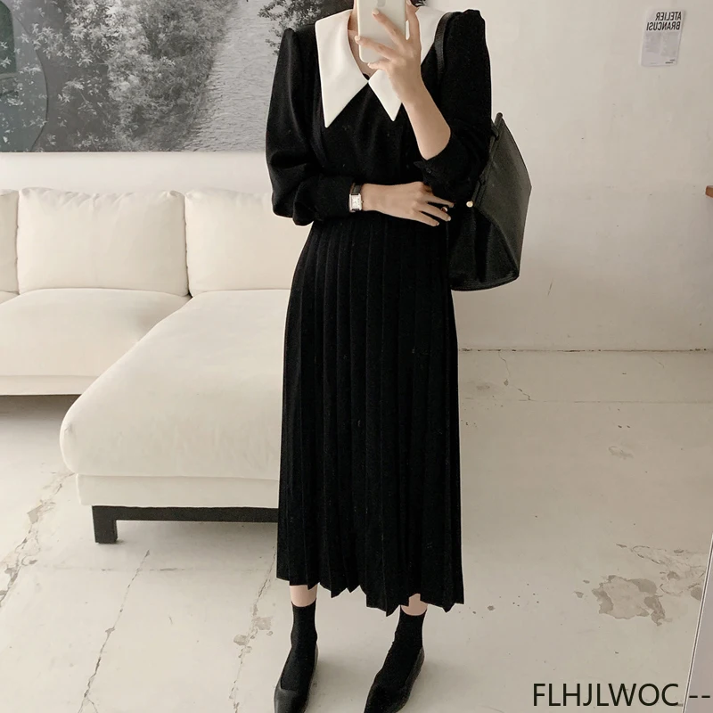 French Design Elegant Black Dresses Hot Sales New Women Short Sleeve Bow Tie Lace-Up White Collar Pleated Dress