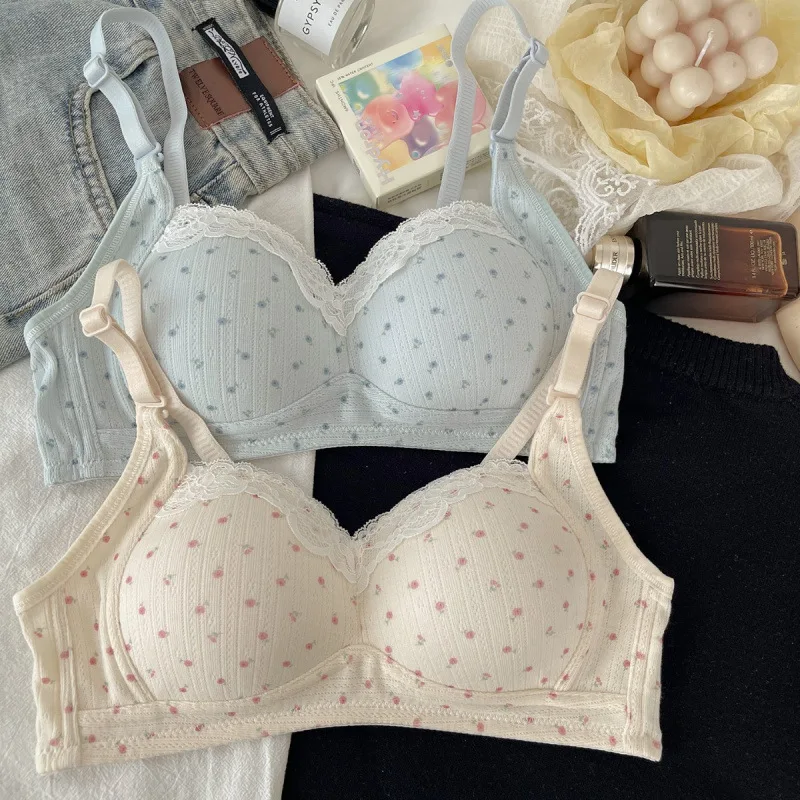 Sweet Floral Lingerie for Women, Small Chest, Gathering, Thin Breathable, Wireless, Side Fat Collecting, Youthful Student Bra