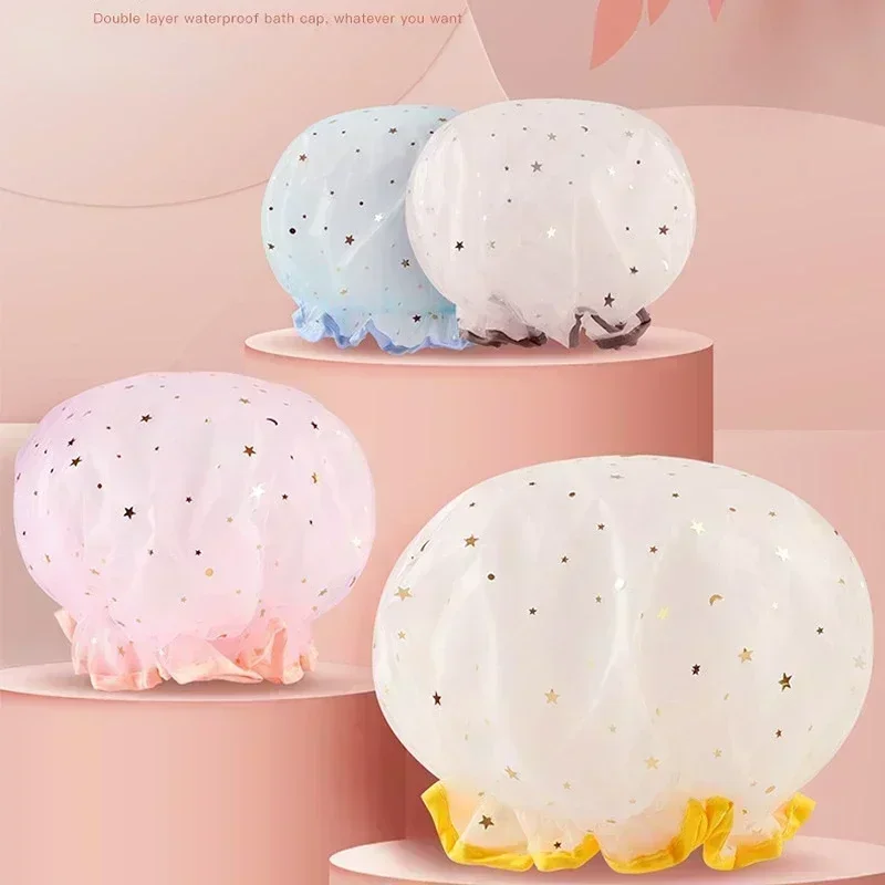 Double Layer Starry Sky Design Thick Waterproof Shower Cap Star Pattern Bathroom Hair Salon Supplies Bath Hat Bonnets For Women