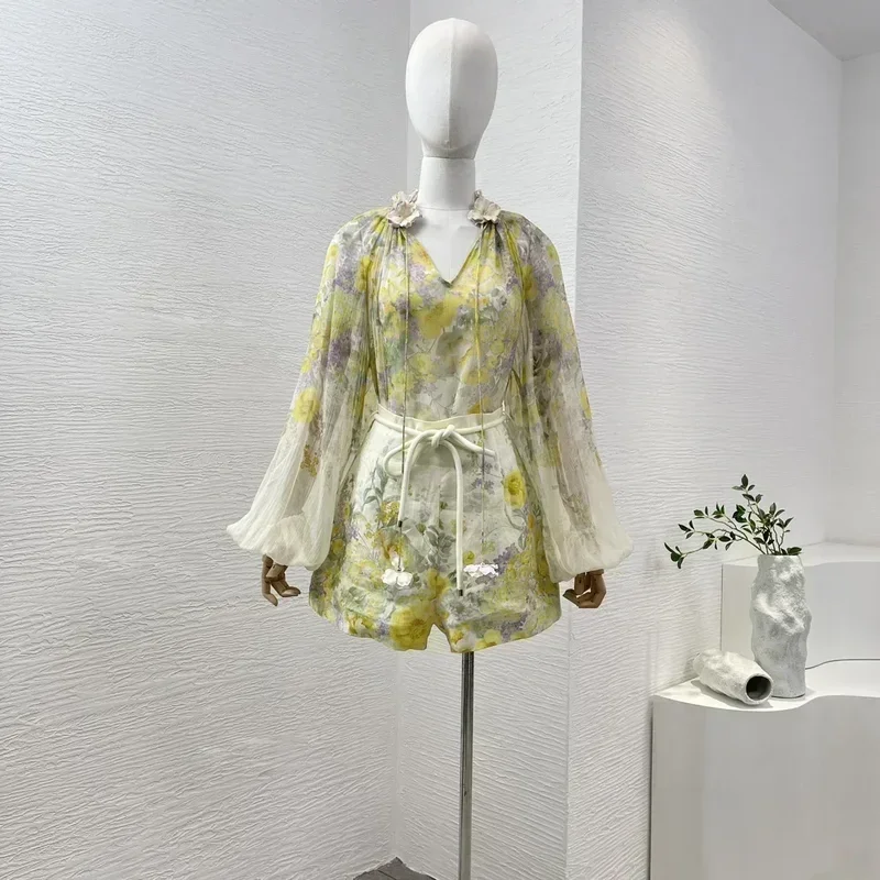 2024 Women New Spring Summer Pale Yellow Citrus Flower Print Long Sleeve Lace-up V-Neck Blouse Tops and Shorts Holiday Sets