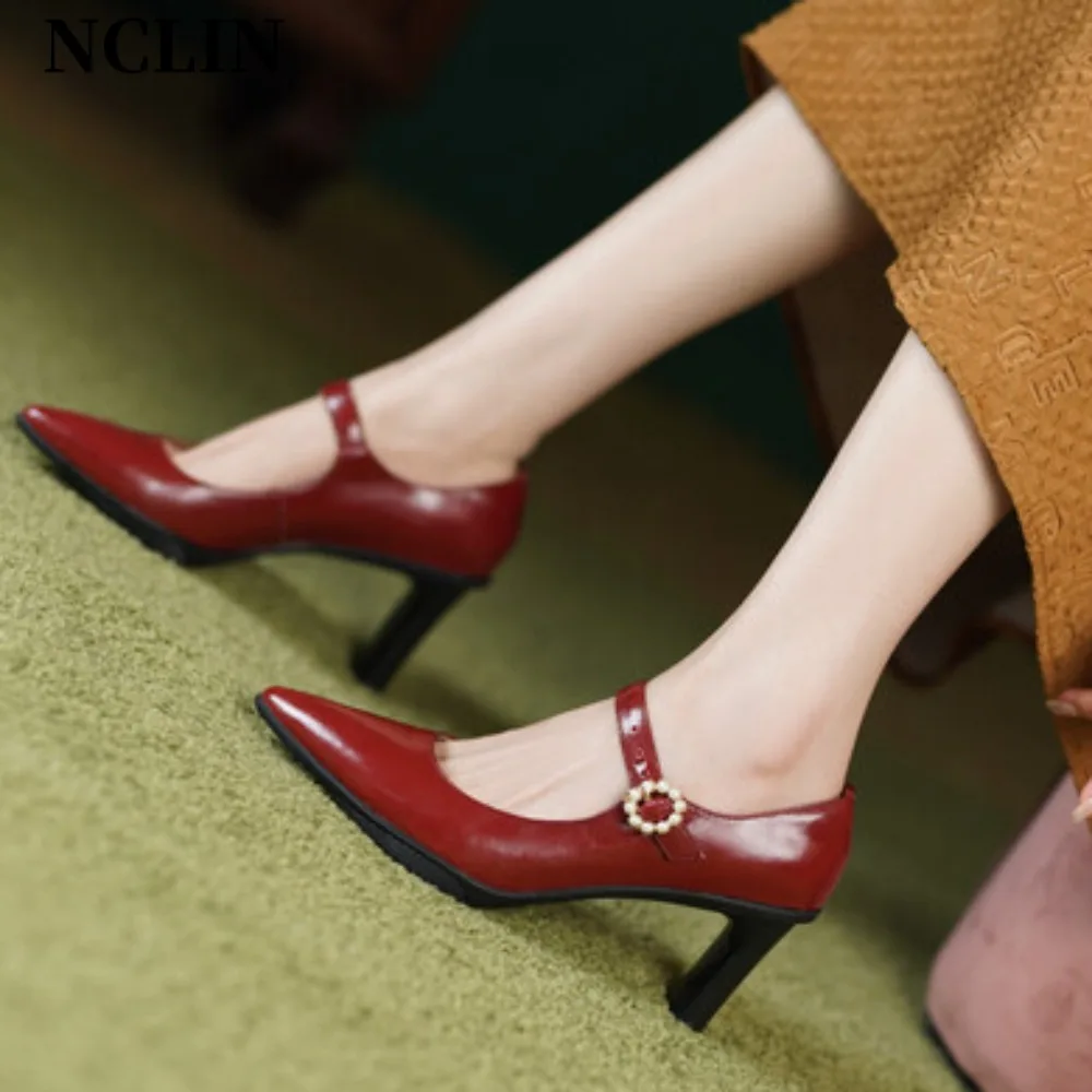 

Большие размеры 39, женские кожаные туфли с острым носком, туфли Мэри Джейн, красные школьные туфли для девочек, туфли Лолиты на высоком каблуке, модельные туфли