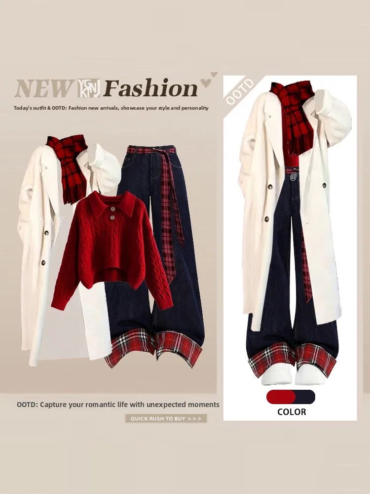 السنة الجديدة جوية الأحمر الدراما الكورية المرأة الشتاء محبوك سترة الدنيم فستان أطفال مع سروال داخلي عالية الخصر منقوشة طويلة Sve عادية Sle