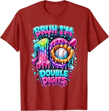 Bruh I'm Double Digits 10th Birthday Boy Baseball Ice Cream T-Shirt Y2k Boys Fashion 10 Years Old Sporty Graphic Saying Tee Gift