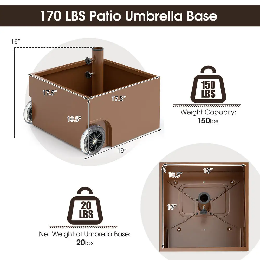 Patio Umbrella Base Stand With Wheels And Planter Box, Powder Coated Steel Construction, 150 Lbs Capacity For Outdoor Garden Pool Commercial Use, Coffee