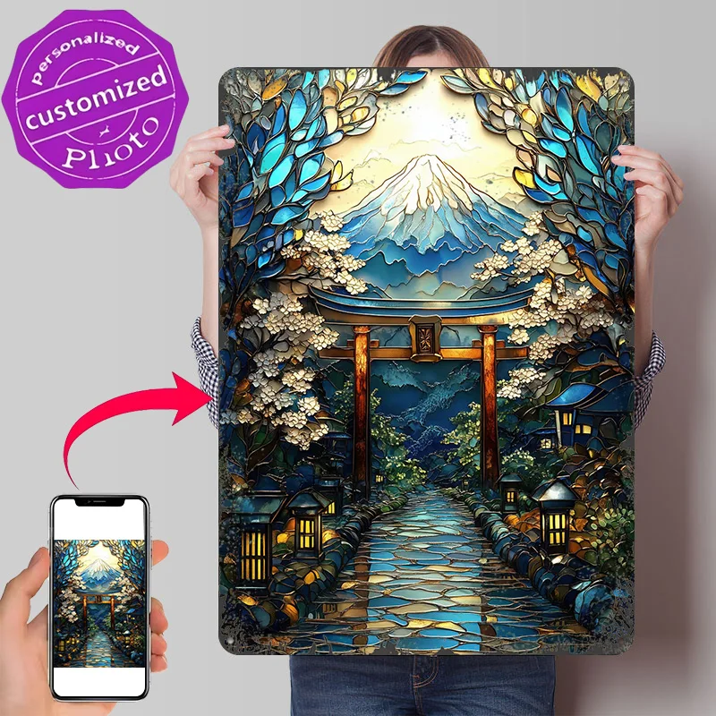 Mount Fuji Torii Gate Path Personalized 3D Textured Metal Poster Wall Art Vintage Tin Signs for Desk Decor Room Coffee Bar Retro