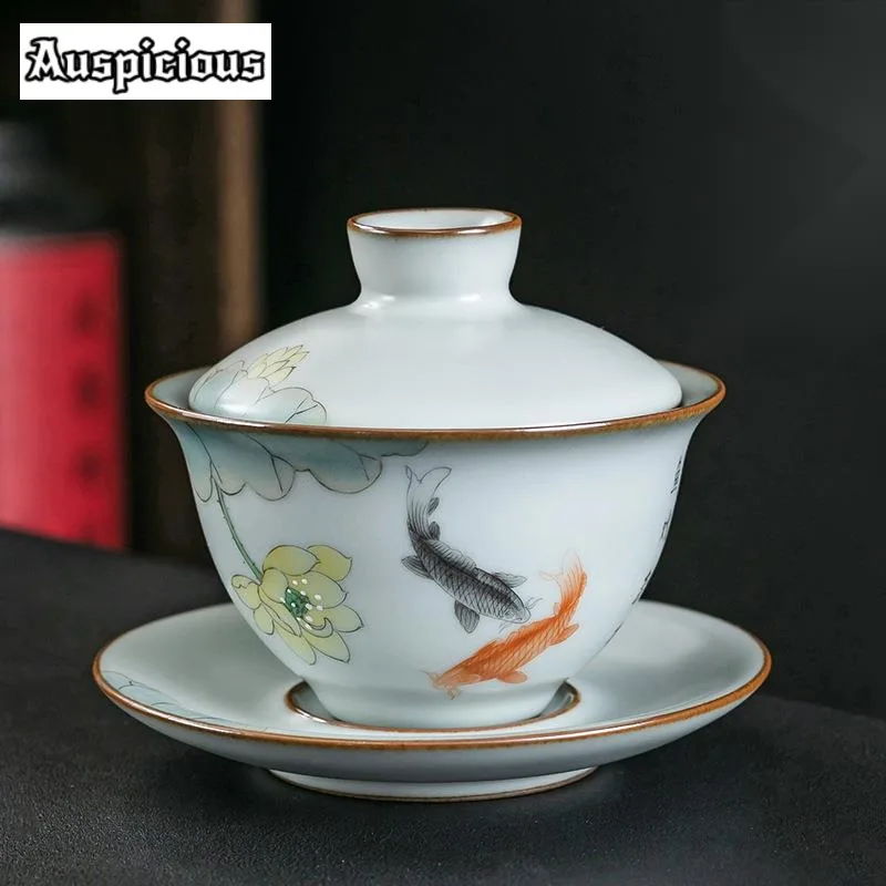 

170ml Pure Handmade Ru Kiln Gaiwan Hand-painted Fish Lotus Tea Tureen Opening Tea Maker Cover Bowl Tableware Collection Gift Box