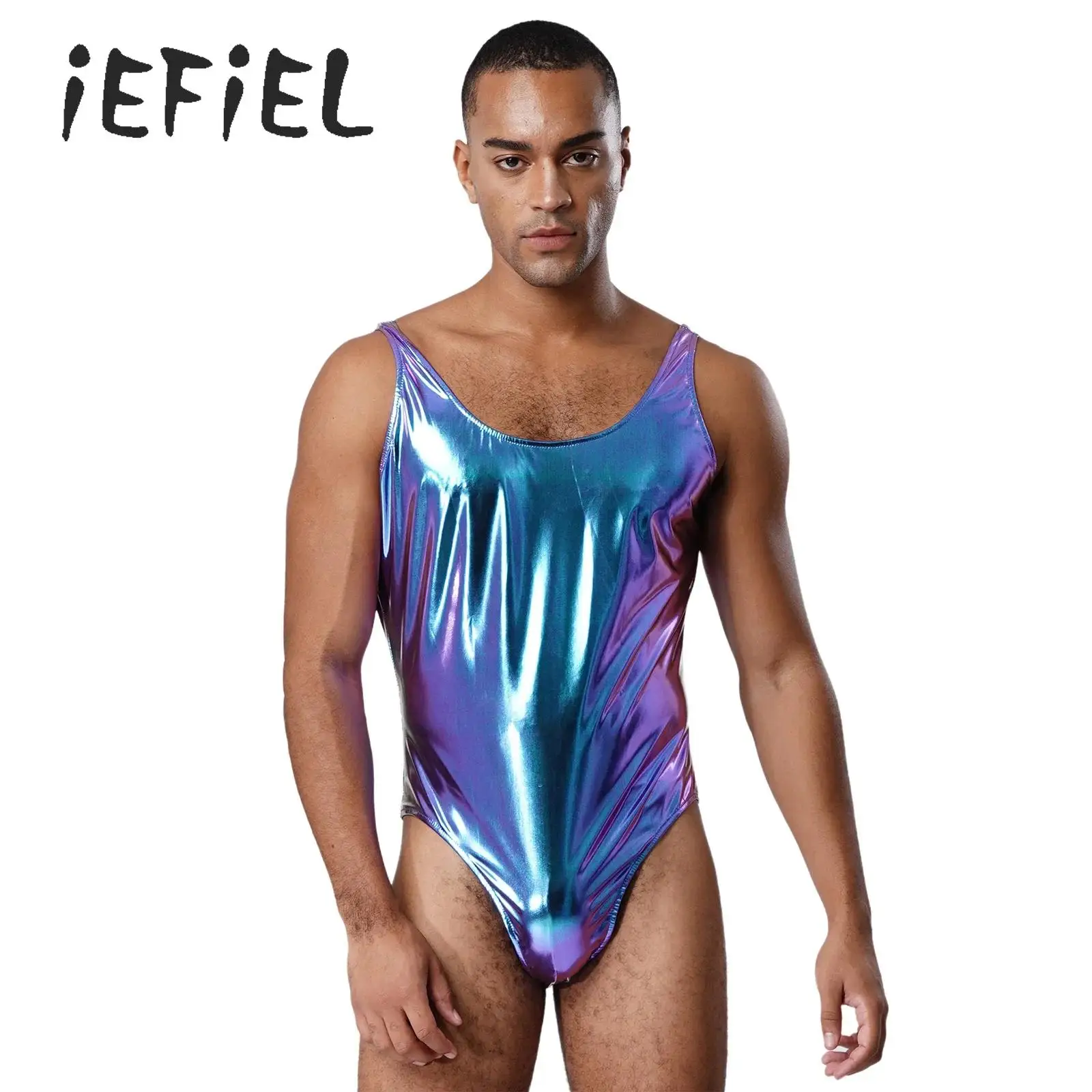 

Shiny Metallic Mens Leotard Swimwear One Piece Swimsuit Sleeveless U Back Bodysuit Pool Party High Cut Thong Bikini Bathing Suit