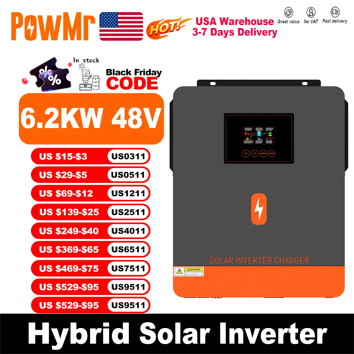 محولات الطاقة الشمسية الهجينة PowMr 6.2KW 48V مخرج 230Vac مع شاحن MPPT 120A لإدخال Max Panel PV 500VDC وبطارية Lifepo4