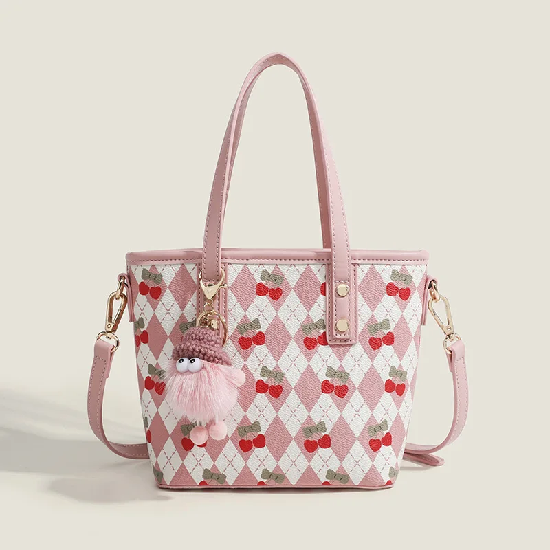 New Trendy Niche Design Cute Pink Cherry Tote Bag，Large Capacity Fashion Portable Shoulder Messenger Bag, Bucket Bag