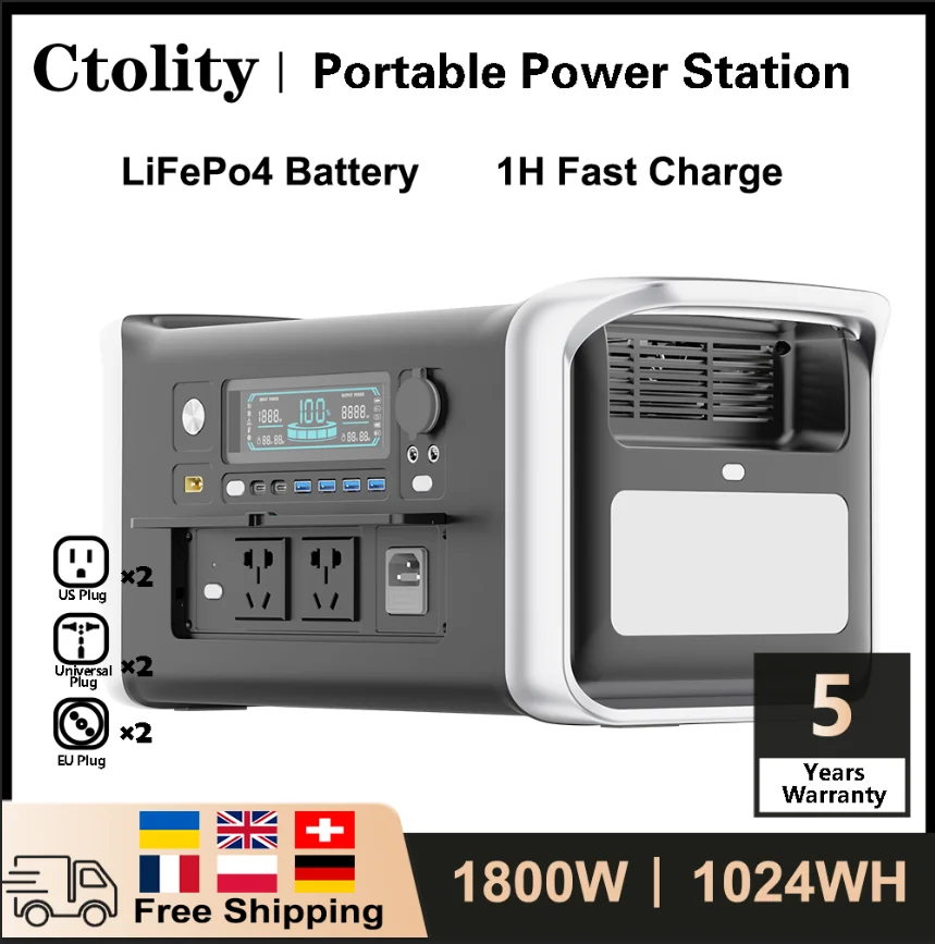 1800W Camping Portable Power Station 100V-230V 1024Wh Lifepo4 Solar Generator Battery Emergency Power Supply Backup Outdoor RV