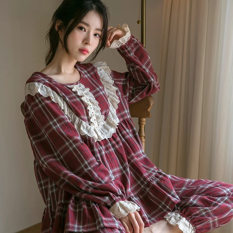 bananagirl-cotton-pajamas-set-sweet-cute-sle-long-sve-round-ne-home-clothes-couple-matching-red-plaid-spwear