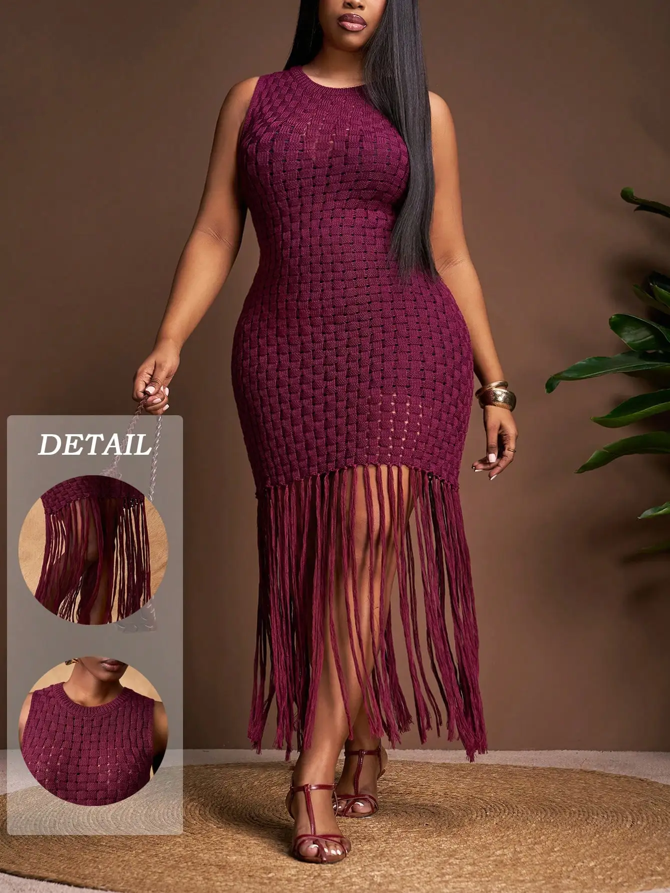 

Burgundy Sleeveless Round Neck Crocheted Jacquard Dress with Tassel Hem