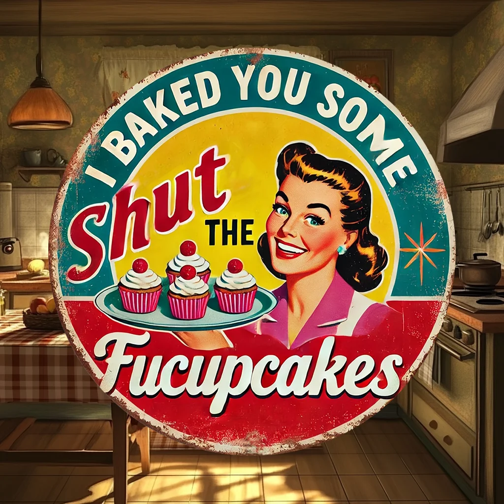 1 Stück bezaubernde Retro-Küchenschilder „I baked you some cake, shut up“ aus Holz, runde Küchenschilder – 8 x 20,3 cm große Holzwandkunst, geeignet