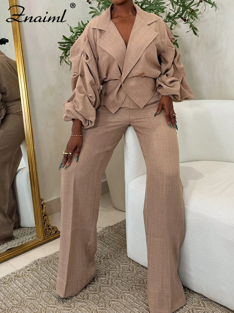 

Znaiml Double-breasted Lanten Sleeve Blazer Top And Wide Leg Pants Sets for Women Elegant Office Suit Autumn Casual Work Outfit