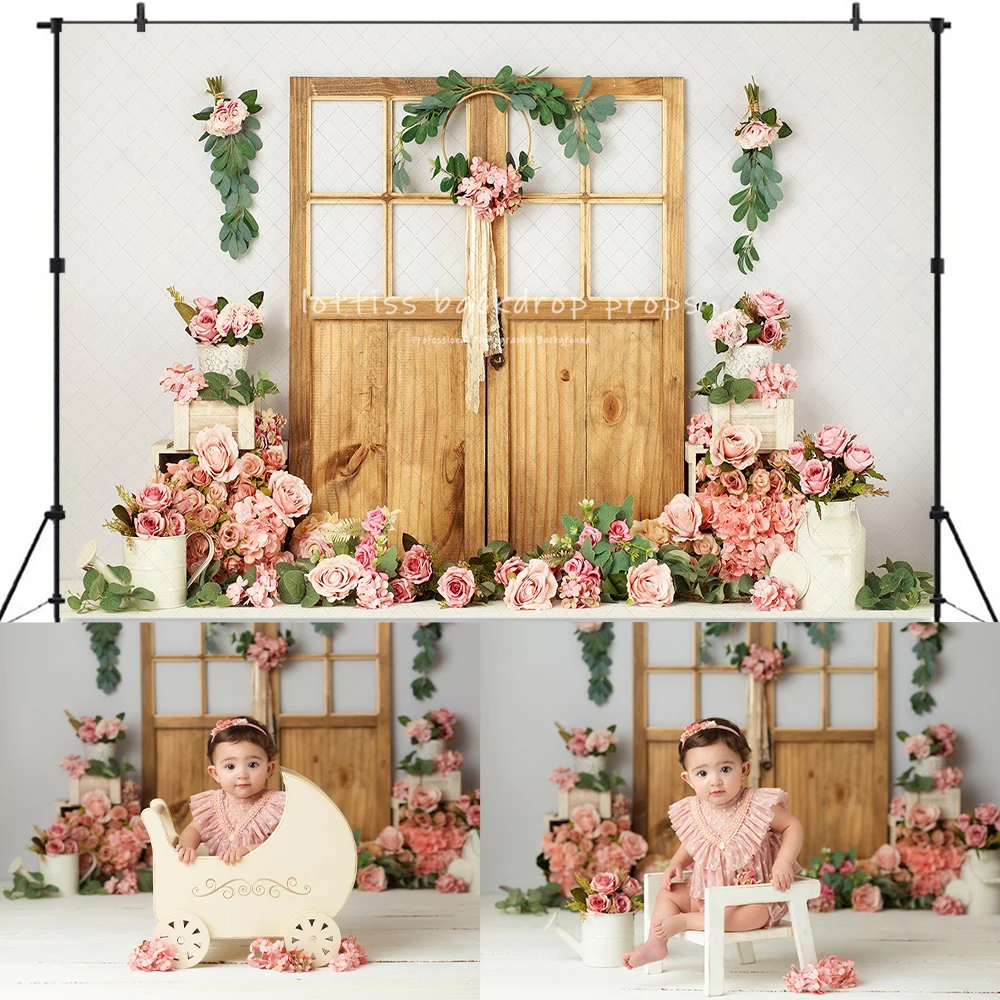 Spring Door Of Flowers Backdrops Kids Girl Photography Child Baby Cake Smash Photocall Wooden Garden Entrance Backgrounds