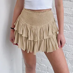 Ruffle Skirt Women High Waist Elastic Shirred Casual Fashion Vintage Sexy Solid Color Harajuku Layered Ruffle Hem Mini Skirts