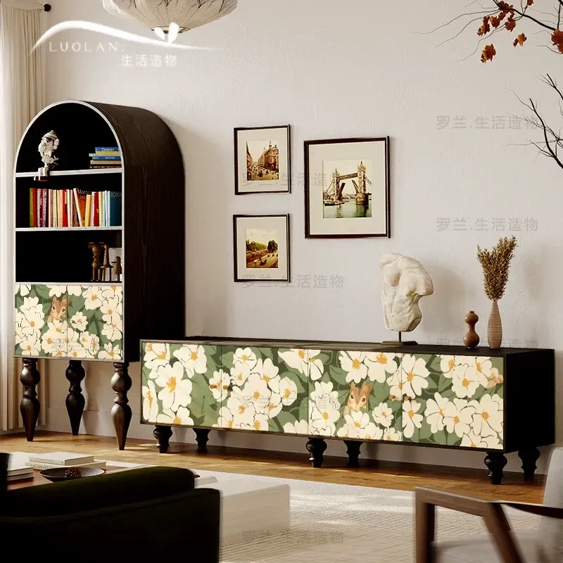 Cream Wind Flower Solid Wood TV Cabinet Art Room Storage Decorative Cabinet Retro Living Room Storage Locker