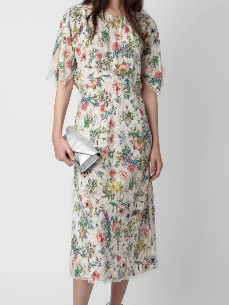 

Floral Printed Women's Silk Midi Dress Spring Lace Stitching Short Sleeve Round Neck High Waist Elegant Ladies Robe